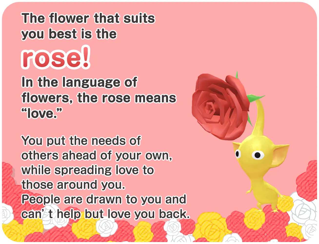 An image of a yellow Pikmin with a red rose blooming on its tip.