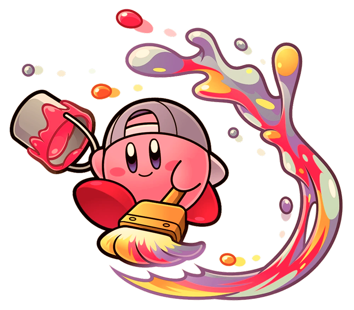 Kirby, using the Paint ability, carries a bucket of paint and a large brush, both of them full of red, yellow and blue paint. He has drawn a stroke across the page, splashing around a bit.