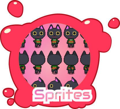Link to the Sprites Gallery. The image is a splash of red paint seemingly coming out of Kirby's brush below it. In the center of the splash is a sample spritesheet of Kiki, from my Animal Crossing game. Atop of it there's a text that reads 'Sprites'.