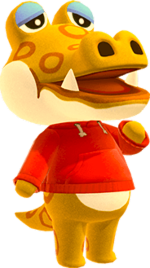 Alfonso, one of the villagers from Animal Crossing, stands while talking. He is positioned in a way that the nearby text bubble comes from him, simulating that he's speaking.