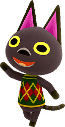 Kiki, one of the villagers from Animal Crossing, stands while talking. She is positioned in a way that the nearby text bubble comes from her, simulating that she's speaking.