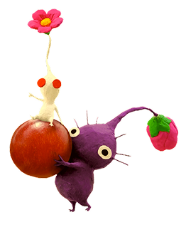 A purple pikmin carrying a fruit and a white pikmin. The white pikmin is positioned in a way that the nearby text bubble comes from them, simulating that they're speaking.
