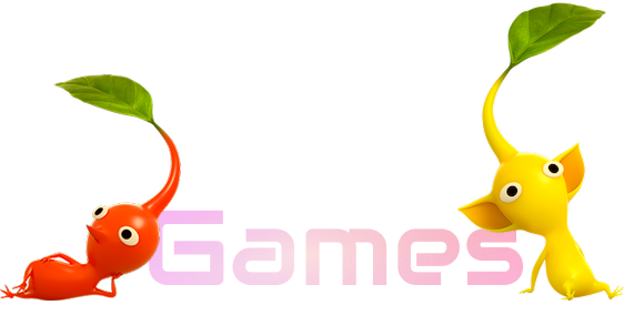 Link to Games. The image presents a red pikmin lazily laying down on the left. A yellow pikmin sits on the right, spacing out. Between both of them there's a text that reads 'Games'.