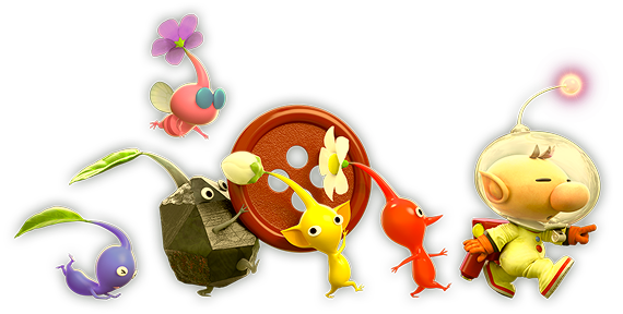 Olimar is walking towards the right end of the page. A troop of multicolored pikmin follows him carrying a button.