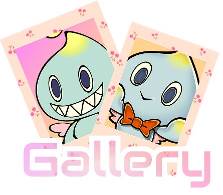Link to Gallery. The image presents two photographies. In the left one, there is a chao smirking mischievously. In the right one, there is a chao called Cheese smiling. Atop of them there's a text that reads 'Gallery'.