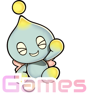 Link to Games. The image presents a very happy chao, jumping while raising their fist triumphantly. Atop of them there's a text that reads 'Games'.
