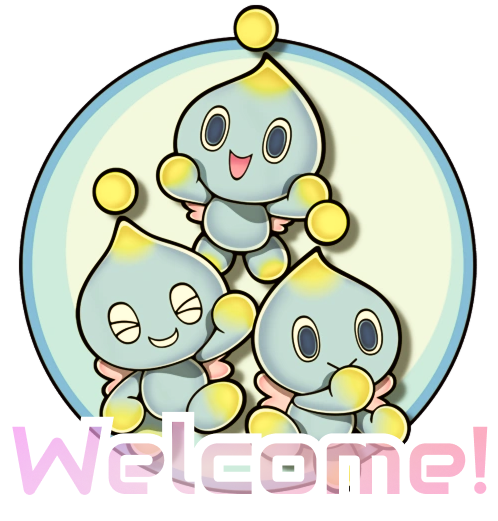 Welcome! The image presents three chao smiling and celebrating, framed by a circle. Atop of them there's a text that reads 'Welcome!'.