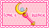 Link to where I found it. It's a stamp that reads 'Love and justice' with the staff from Sailor Moon.